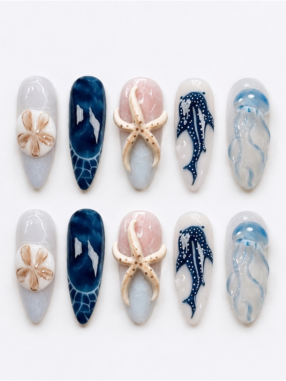 Ocean-Inspired Press-On Nail Set — Blue, Pink, White
